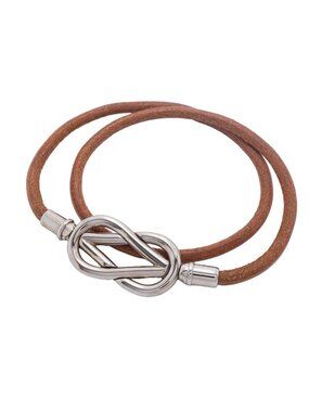 Hermes Bracelet Head Metal Leather Silver Brown